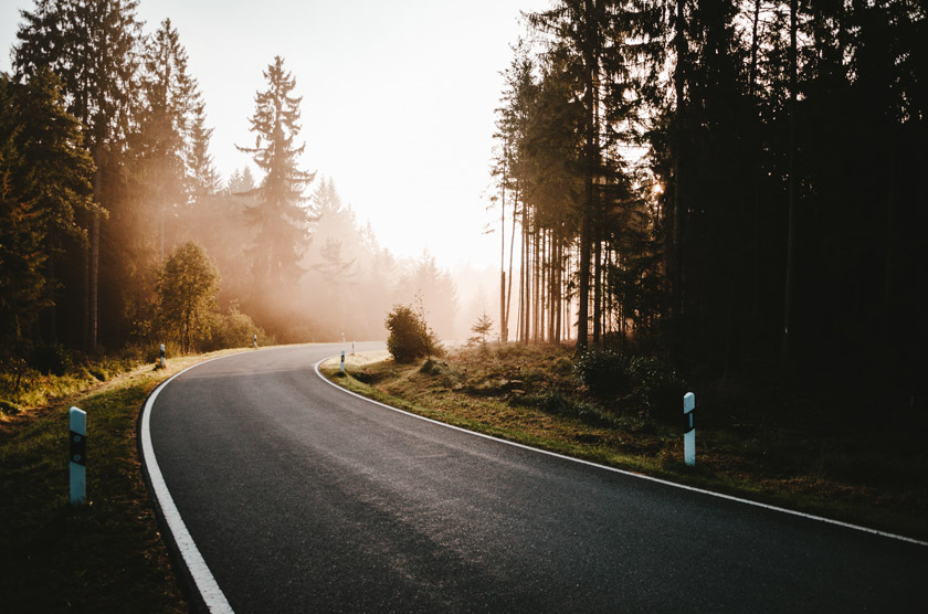 Bildbeschreibung: Auf dem Bild ist eine Straße zu sehen, die nach rechts eine Kurve macht. Rechts und links stehen Bäume. Die Sonne taucht das Bild in eine herbstliche Stimmung. Ende der Bildbeschreibung.