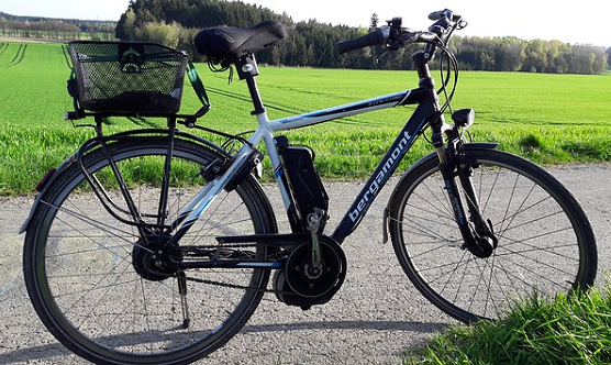 Foto: Auf dem Foto ist ein auf einem Weg abgestelltes E-Bike Pedelec zu sehen. Im Hintergrund ist eine grüne Wiese zu sehen, die zu einem Wald führt. 