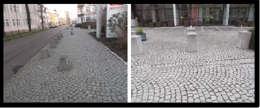 Bildbeschreibung: Das Bild 11 zeigt zwei Fotos mit Steinpollern, die teilweise parallel zur Gehwegkante und in der nutzbaren Gehwegbreite angeordnet wurden. Ende der Bildbeschreibung. 