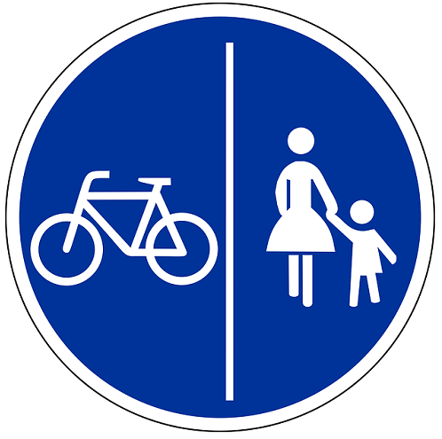Bildbeschreibung: Auf Bild 7 sind auf dem runden Verkehrszeichen weiß auf blau, links ein Fahrrad und rechts eine Frau mit einem Kind (entsprechend Zeichen 239) abgebildet. Beide Symbole sind durch einen senkrecht verlaufenden Strich getrennt. Ende der Bildbeschreibung. 