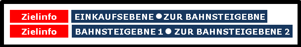 Das Bild 19 enthält den Text (obere) Zielinfo = „EINKAUFSEBENE“ (großer Punkt) „ZUR BAHNSTEIGEBENE“ (untere) Zielinfo = „BAHNSTEIGEBENE 1“ (großer Punkt) „ZUR BAHNSTEIGEBENE 2“ 