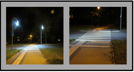 Bild 2: Doppelbild: links: gesamter Überweg einschließlich Anordnung der Straßenleuchten; rechts: Blick auf Boden des Fußgängerüberweges 