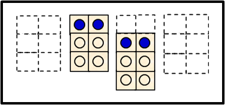Bild 6 zeigt zwei Braillezeichen mit den Punkten 1 und 4, wobei das rechte Braillezeichen nach unten verrutscht ist und die Punkte in Höhe der Punktposition von 2 und 5 stehen. 