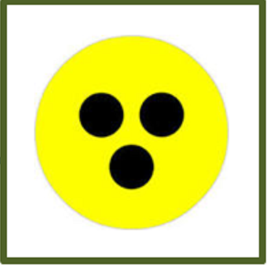 Bild 5 zeigt einen gelben, runden Ansteckbutton mit 3 schwarzen Punkten.