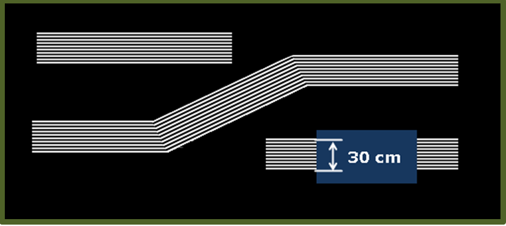Das Bild 15 zeigt beispielhaft drei Leitstreifen. Dabei verlaufen zwei geradlinig und ein Leitstreifen weist Verschwenkunen unter 45° auf.