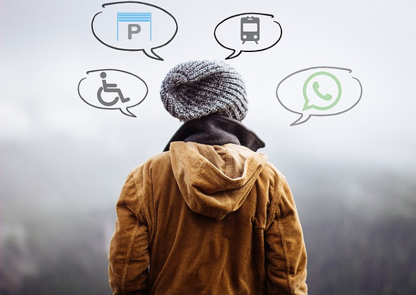 Bild 2 zeigt eine Person von hinten und über ihr sind in je einer Blase Symbole von WhatsApp, Zug, Parkplatz und Rollstuhlfahrer abgebildet. 
