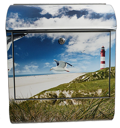 Bild 1 zeigt einen Briefkasten mit maritimen Motiven wie Möwe, Leuchtturm und Strand