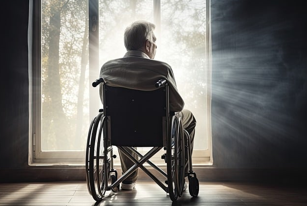 Bild 4 zeigt einen Mann im Rollstuhl, der aus einem großen Fenster nach draußen schaut. 