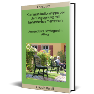 hellgrünes 3 D Buchcover einer Checkliste, in der Mitte eine Frau die auf einer Bank vor einem Haus sitzt, vor ihr steht ein Rollator