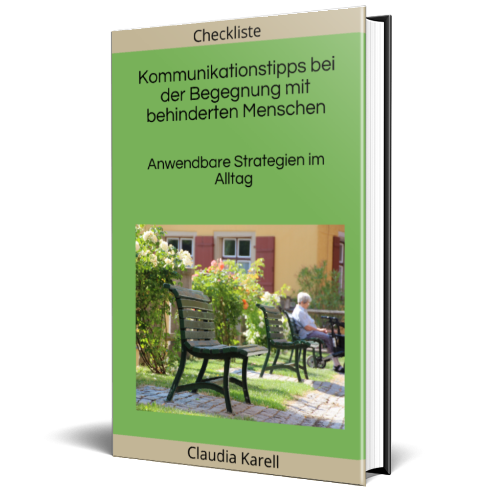 Das Bild zeigt das 3 D Buchcover einer Checkliste in hellgrün. Zu sehen in der Mitte eine Frau die auf einer Bank sitzt vor einem Haus und vor ihr steht ein Rollator. 