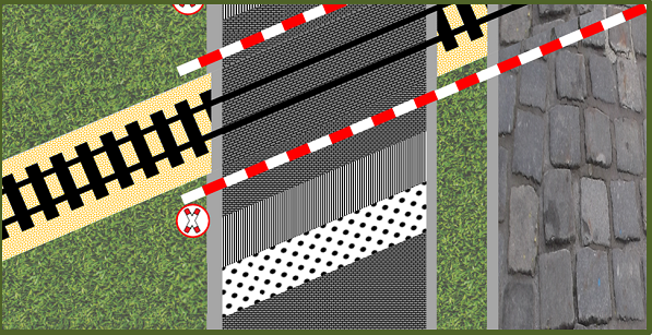 Bild 3: Draufsicht auf einen Bahnübergang bei geschlossener Schranke und Anordnung eines Richtungsfeldes und Auffindestreifens (Noppenprofl). Das Rippenprofil des Richtungsfeldes zeigt in Gehrichtung. 
