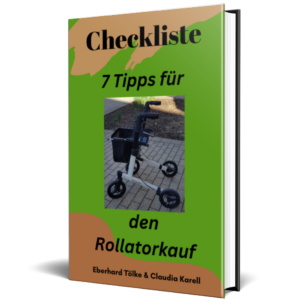 hellgrünes Buchcover mit Bild eines Rollators und der Aufschrift: Checkliste - 7 Tipps für den Rollatorkauf