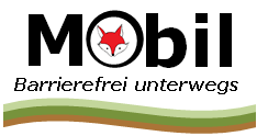 Logo mit Aufschrift: Mobilfuchs - Barrierefrei unterwegs, im O ist ein Fuchs zu sehen und unterhalb der Schrift 2 grüne u. 1 braune Linie