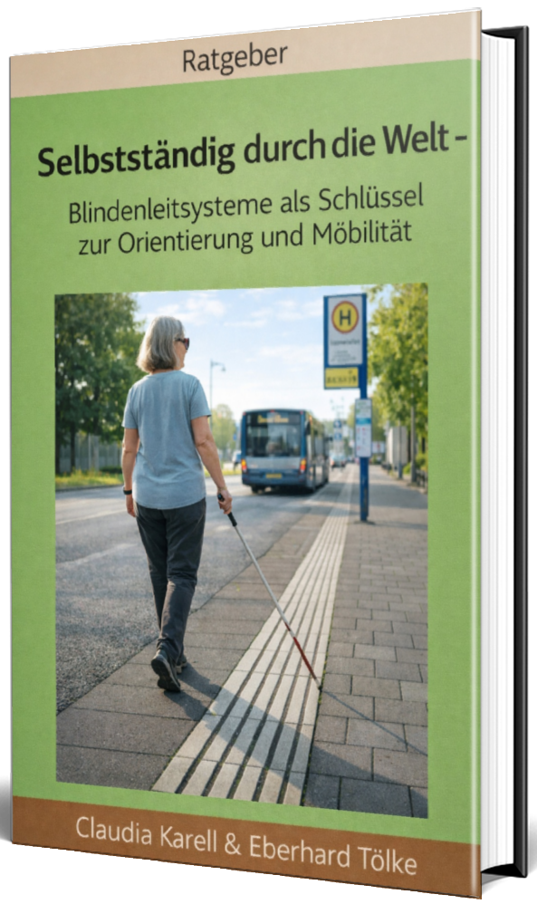 hellgrünes Buchcover mit der Aufschrift: Selbstständig durch die Welt - Blindenleitsysteme als Schlüssel zur Orientierung und Mobilität